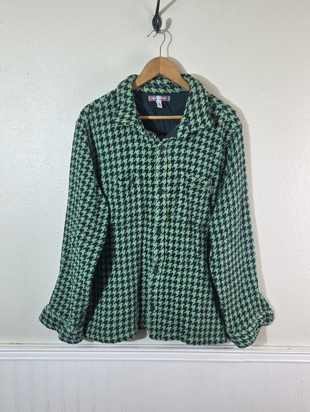 Urban Outfitters Mens Large Green Black Houndstooth Button Up Shirt Jacket